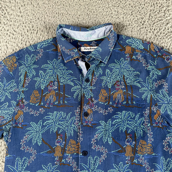 Tommy Bahama Silk Camp Shirt Men's Medium Hula Girl Palm Trees Print Button‎ Up - Picture 2 of 9